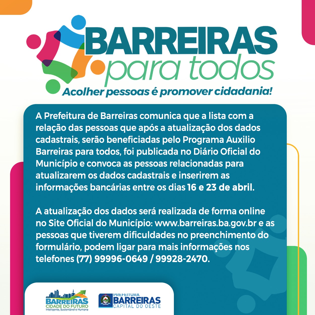 Prefeitura de Barreiras abre atualização cadastral para pessoas pré-selecionadas para serem beneficiadas pelo Programa Auxílio Barreiras para todos  